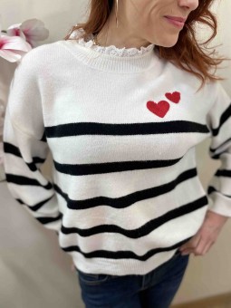 Pull marinière motif cœur et col à volants