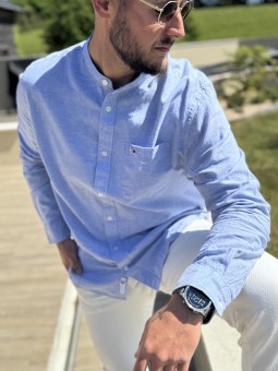 CHEMISE LINEN COL MAO - BLEU