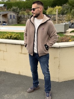 VESTE TEDDY ZIP BADGE - TAUPE